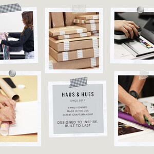 May include: A collage of images showcasing the production process of art prints. Includes a woman working with a large format printer, packaged boxes, and hands using tools. The text "HAUS & HUES SINCE 2017" is visible.