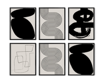 Black Abstract Art Prints: Modern Minimalist Wall Decor, Set of 6