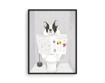 French Bulldog Bathroom Print: Funny Dog Newspaper Art