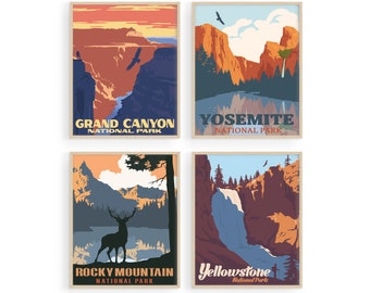 Haus and Hues Vintage National Park Posters Set of 4 -  National Parks Art Prints Nature Wall Art Mountain (Framed/Unframed)