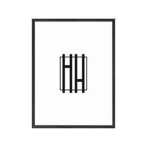 May include: Black and white minimalist geometric design print in a black frame. The design features a series of vertical lines within a square.