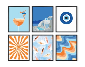 Beach Gallery Wall Art Set: Retro Summer Prints (8x10, 11x14, 16x20)