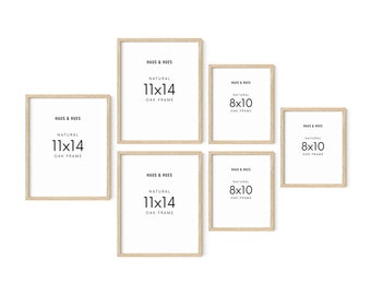 May include: Five natural oak picture frames in various sizes. The frames are arranged in a staggered pattern on a white background. The frames are labeled with the text "HAUS & HUES" and the size of the frame, such as "11x14" or "8x10".