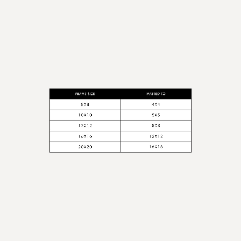 May include: A black and white chart detailing frame sizes and matting dimensions. The chart includes frame sizes 8x8, 10x10, 12x12, 16x16, and 20x20 inches, with corresponding matted sizes.