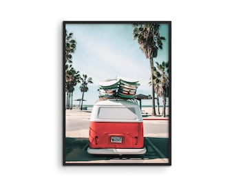 Vintage Camper Van Beach Print: Surfboard Wall Art