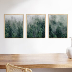 May include: Three framed prints of a misty forest with tall evergreen trees. The prints are arranged horizontally on a white wall above a wooden desk.