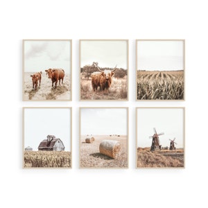 May include: Set of six framed art prints featuring pastoral scenes. Images include cows, a Highland cow, a field of crops, a barn, hay bales, and windmills. The prints have a neutral color palette with a sepia tone.