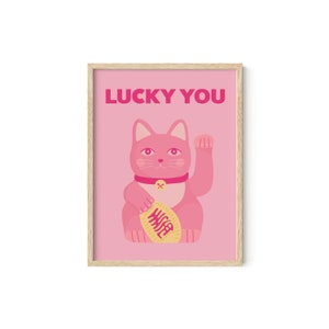 Arte mural rosa de Haus and Hues - Pósteres de gatos japoneses y anime rosa "Lucky You", pósteres rosas de gatos para pared (con o sin marco)