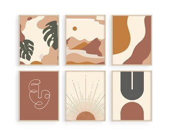 Boho Art Prints: Mid Century Modern Neutral Wall Decor, Set of 6