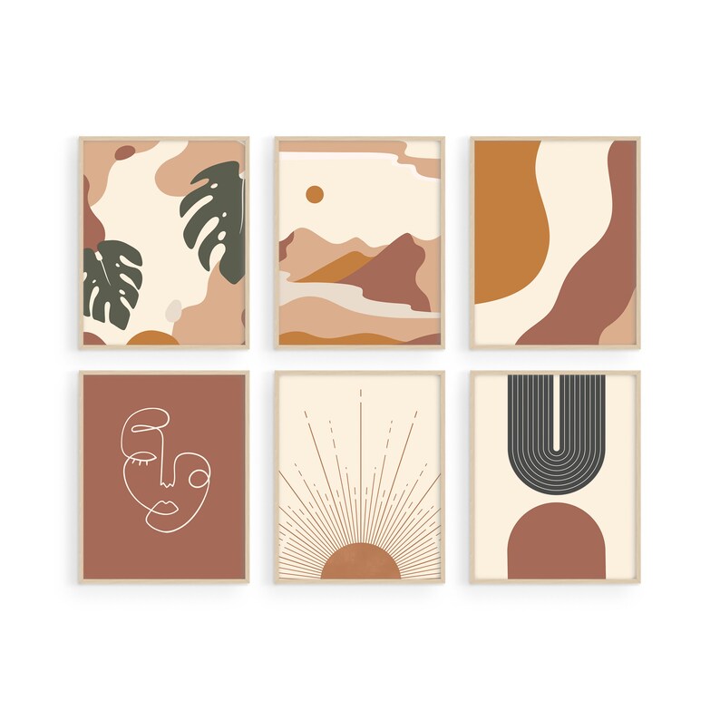 May include: Set of six minimalist art prints in a neutral colour palette. The prints feature abstract shapes, line art, and geometric designs in shades of brown, beige, and black.