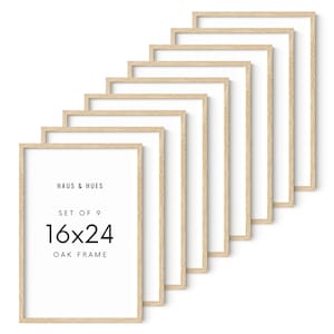 May include: Nine oak frames, each with a white interior, are arranged in a diagonal pattern. The frames are 16x24 inches, as indicated by the text on the front frame. The brand name "HAUS & HUES" is also visible.