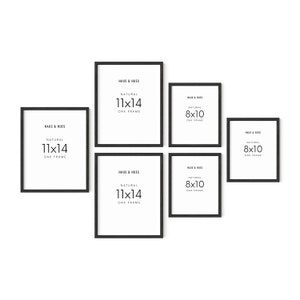 May include: A wall gallery featuring five black picture frames with white text. The frames are arranged in a staggered pattern. The text on the frames reads "HAUS & HUES", "NATURAL", "11x14", and "OAK FRAME".