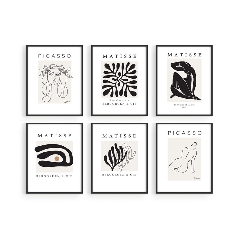 May include: Six black and white minimalist art prints featuring abstract shapes and figures by Picasso and Matisse. The prints have a cream background and black frames. The text on the prints includes the artist's name, the title of the work, and the gallery name "BERGGRUEN & CIE".