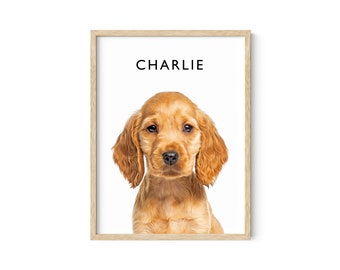May include: A framed print of a golden brown puppy with the name "CHARLIE" printed above the image.