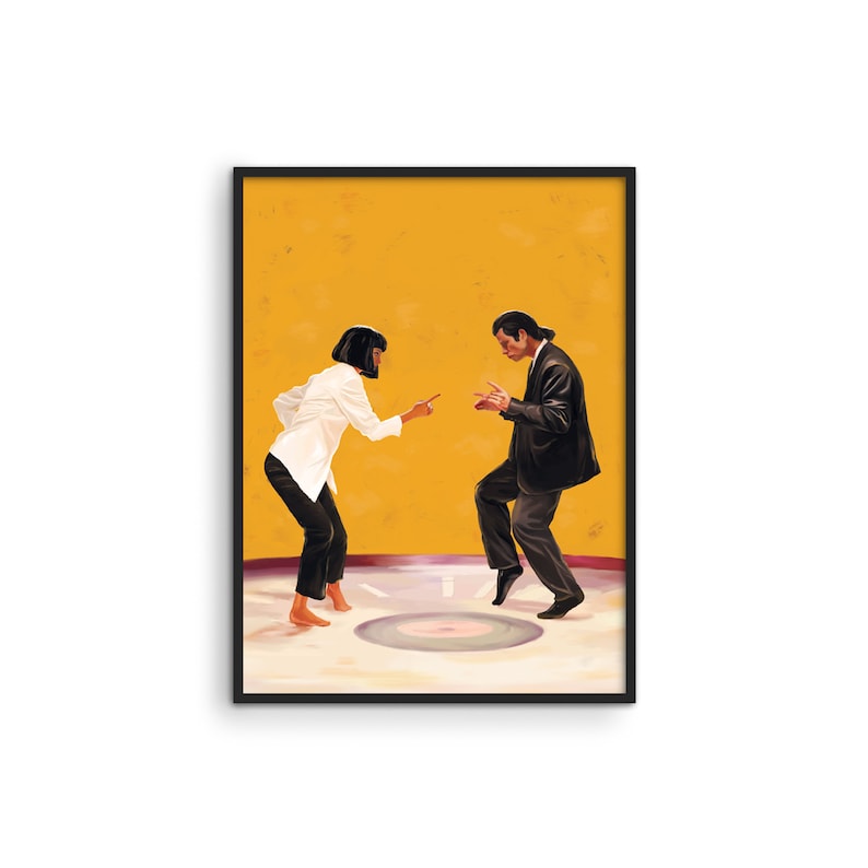 Puede incluir: Una ilustraci&oacute;n en blanco y negro de un hombre y una mujer bailando sobre un fondo amarillo. El hombre lleva un traje negro y la mujer lleva una camisa blanca y pantalones negros.