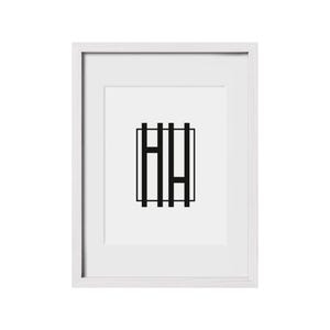 May include: A white framed print with a black graphic of the letters "HH" inside a square.