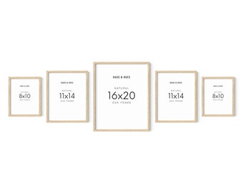 May include: Five natural oak picture frames in different sizes. The frames are arranged in a row from left to right, with the largest frame in the center. The frames are labeled with their dimensions: 8x10, 11x14, 16x20, 11x14, and 8x10.