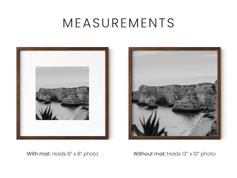 May include: Two brown wood picture frames with black and white photos of a rocky cliffside and ocean. The frame on the left has a white mat and holds an 8x8 inch photo. The frame on the right has no mat and holds a 12x12 inch photo.