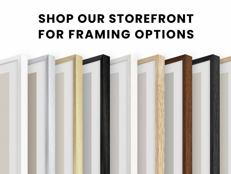 May include: A selection of picture frames in various colors and styles, including white, silver, gold, black, natural wood, and brown wood.  Shop our storefront for framing options.