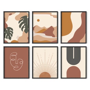 May include: Set of six minimalist abstract art prints in brown, beige, and black frames. The prints feature geometric shapes, line art, and sunbursts.