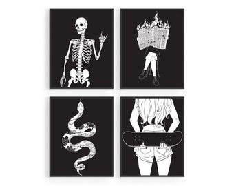 Edgy Black and White Art Prints: Trippy College Posters, Set of 4