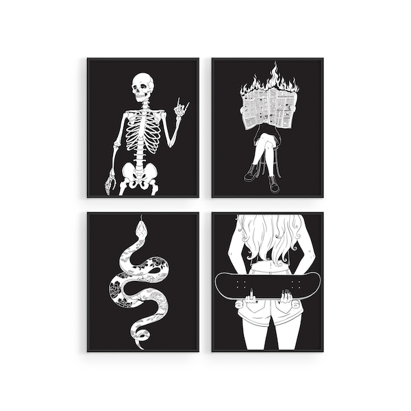 Haus and Hues Edgy Black and White Art Prints - Set of 4 Black and White Pictures for Wall Decor | Trippy College Posters