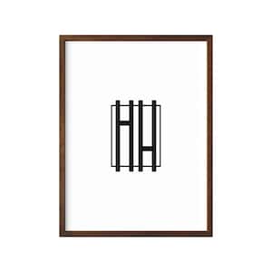 May include: A black and white geometric design of vertical lines in a square frame. The design is printed on a white background and framed in a brown wood frame.