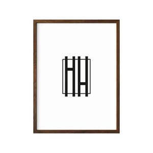 May include: A black and white geometric design of vertical lines in a square frame. The design is printed on a white background and framed in a brown wood frame.
