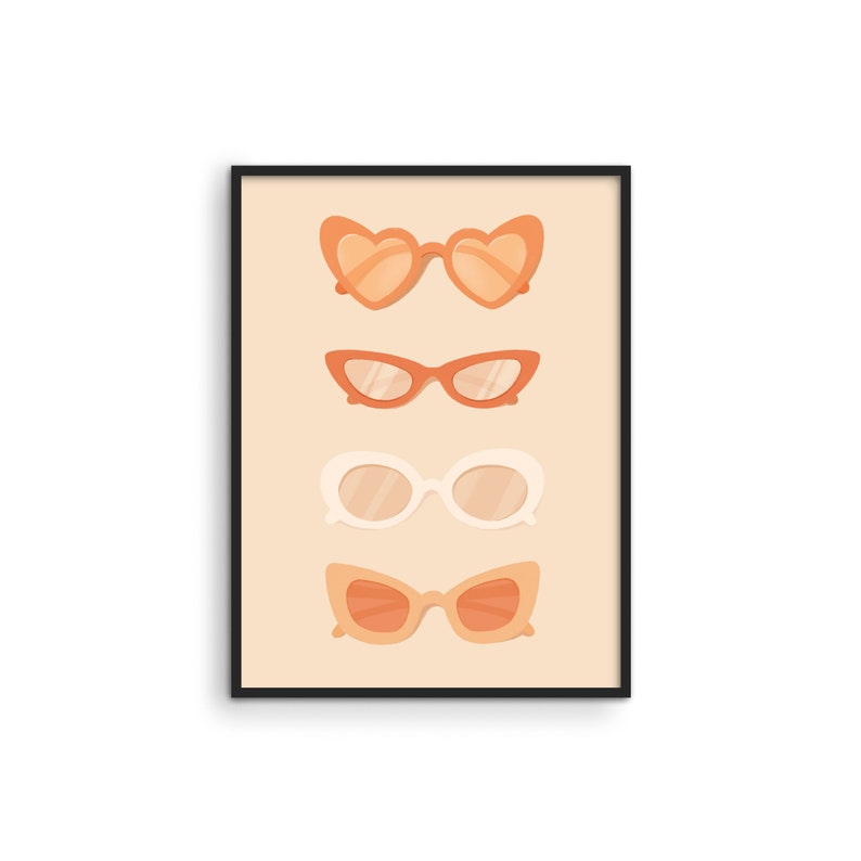 May include: A digital illustration of four pairs of sunglasses in different styles. The sunglasses are all in shades of orange and white, and they are arranged vertically on a beige background. The sunglasses are framed by a black border.