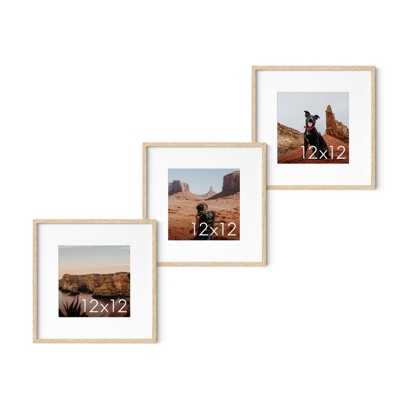 May include: Three square framed prints, each 12x12 inches, with natural wood frames. The prints feature scenic landscape photographs, including a dog in a desert setting. The frames are arranged in a layered display.
