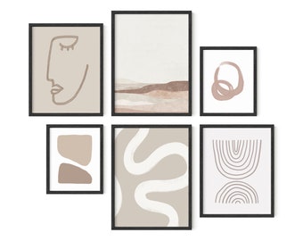 Beige Boho Art Prints: Mid Century Modern Wall Decor, Set of 6
