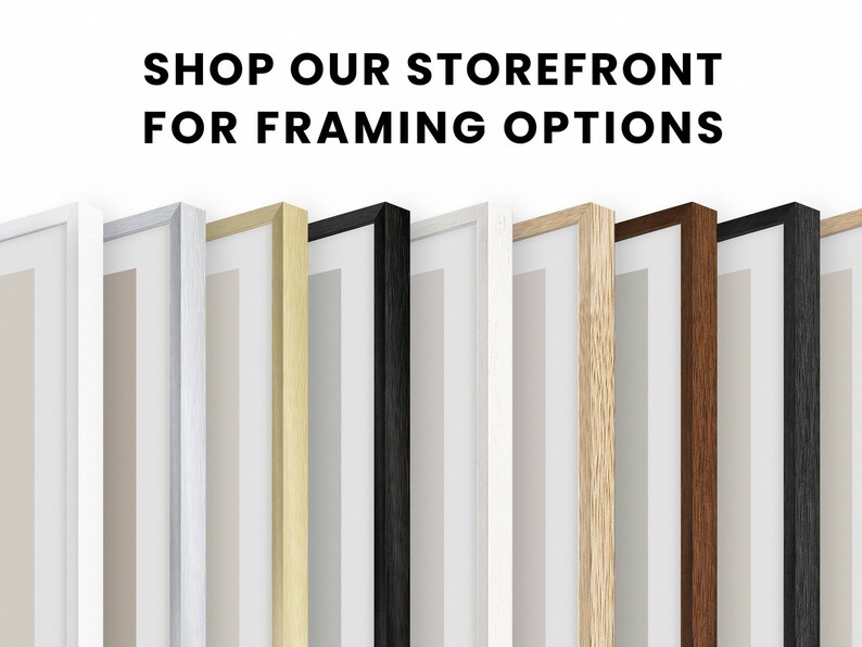 May include: A selection of picture frames in various colours and styles, including white, silver, gold, black, natural wood, and brown wood. Shop our storefront for framing options.