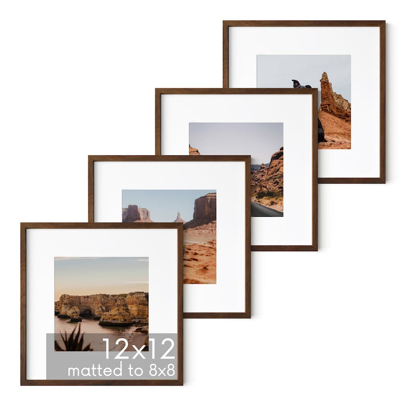 May include: Four brown wood picture frames with white mats, each displaying a different landscape photograph. The frames are arranged in a staggered pattern, with the largest frame at the bottom and the smallest frame at the top. The text "12x12 matted to 8x8" is printed below the bottom frame.