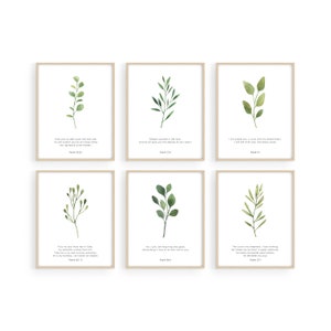 May include: Six printable wall art prints with green watercolor leaves and bible verses. The verses are: Psalm 32:22, Psalm 37:4, Psalm 91:1, Psalm 62:7-8, Psalm 86:5, Psalm 23:1.