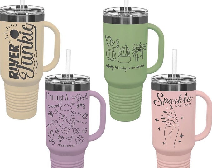 Pastel Ghost Black 40 oz Handled Mug, Laser Engraved, Your Choice of Image/Words, Custom, Polar Camel, Insulated, Stainless Steel, Lead Free
