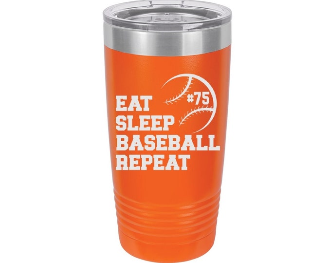 Eat Sleep Baseball Repeat Laser Engraved Travel Mugs, Can be Personalized with Players Name and Number, Insulated, Stainless Steel