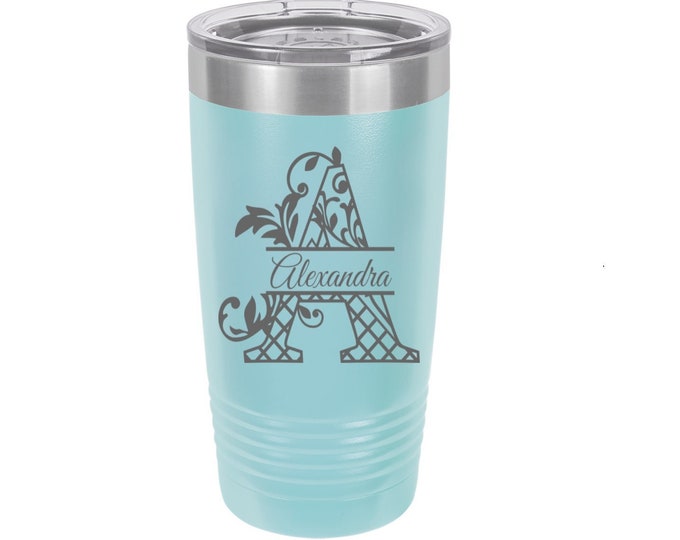 Floral Check Split Initial Laser Engraved Travel Mug, Can be Personalized, 20 oz. Polar Camel, Insulated, Stainless Steel, Custom Travel Mug