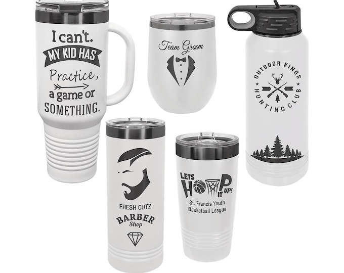 White with Black Laser Engraved Drinkware, Your Choice of Image/Words, Polar Camel, Insulated, Stainless Steel, Lead Free, Dishwasher Safe