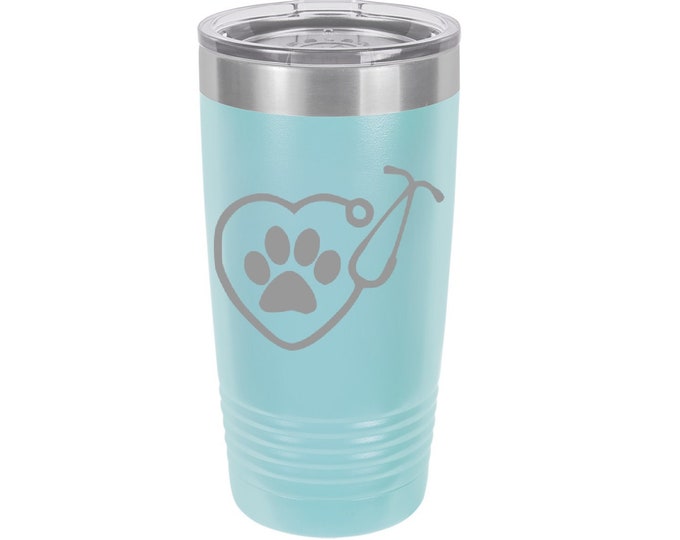 Stethoscope Pawprint Heart Laser Engraved Travel Mug, Can be Personalized, 20 oz. Polar Camel Insulated Stainless Steel, Veterinarian Gift