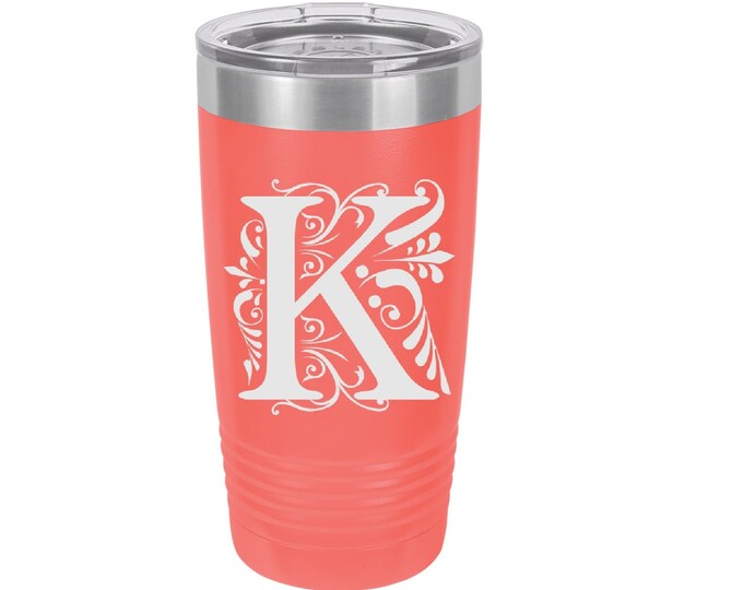 Regal Scroll Initial Laser Engraved Travel Mug, Can be Personalized, 20 oz. Polar Camel, Insulated, Stainless Steel, Monogram Custom Gifts