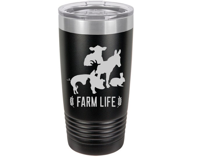 Farm Life Donkey Cow Rabbit Laser Engraved Travel Mugs, Can be Personalized, 20 oz. Polar Camel, Insulated, Stainless Steel, Farm Themed Mug