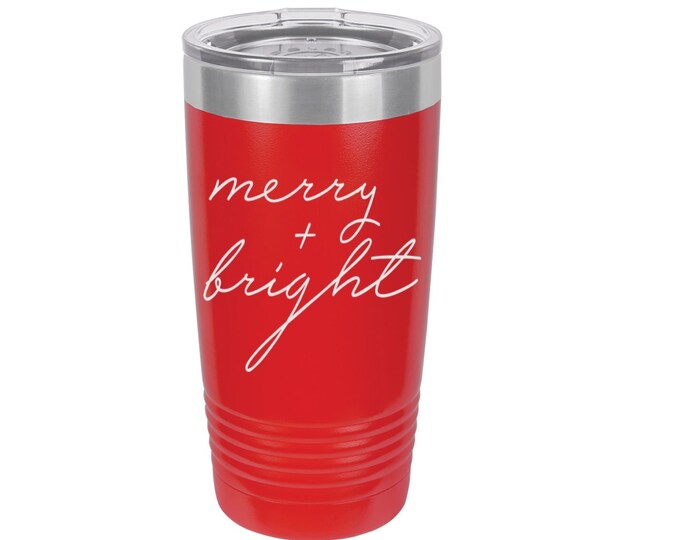 Merry + Bright Laser Engraved Travel Mug, Can be Personalized, 20 oz. Polar Camel Insulated Stainless Steel, Christmas Mug, Christmas Season
