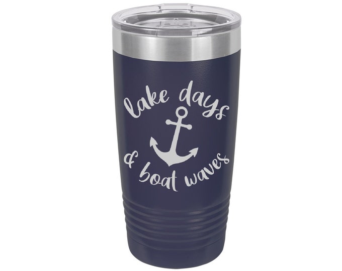 Lake Days & Boat Waves Laser Engraved Travel Mugs, Can be Personalized, 20 oz. Polar Camel, Insulated, Stainless Steel, Custom Travel Mug