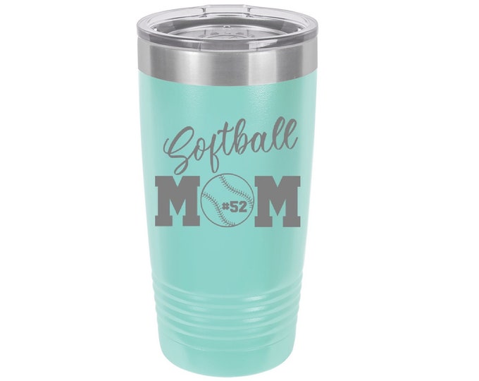Softball Mom Laser Engraved Travel Mugs, Can be Personalized with Players Name and Number, Insulated, Stainless Steel, Slider Lid