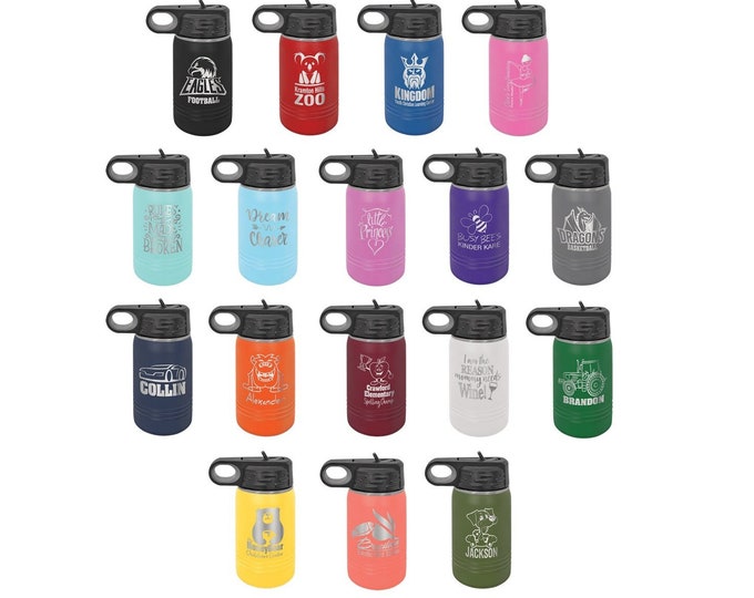 Personalized KIds Water Bottles, Your Choice of Image/Words, Laser Engraved 12 oz. Polar Camel Insulated Stainless Steel Childs Water Bottle
