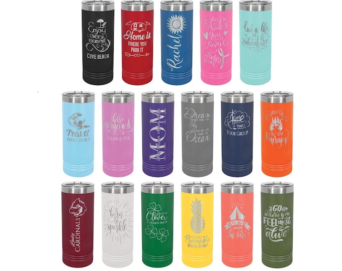 Personalized Skinny Travel Mugs, Your Choice of Image/Words, 22 oz. Laser Engraved, Polar Camel, Slider Lid, Insulated, Stainless Steel