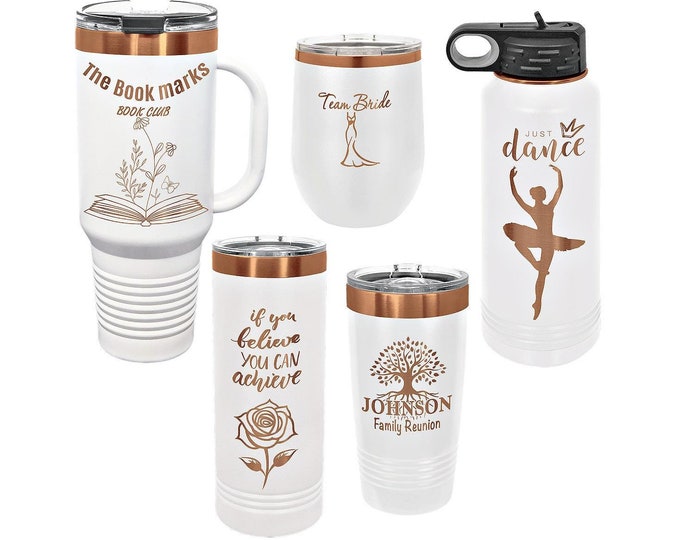 White/Rose Gold Laser Engraved Drinkware, Your Choice of Image/Words, Polar Camel, Insulated, Stainless Steel, Lead Free, Dishwasher Safe