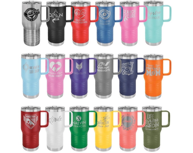Laser Engraved Handled Travel Mug w/ Slider Lid , Personalized, Your Choice of Image/Words, 20 oz. Polar Camel Insulated Stainless Steel