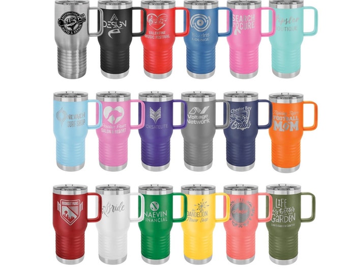 Personalized Handled Travel Mug w/ Slider Lid, Your Choice of Image/Words, Laser Engraved, 20 oz. Polar Camel Insulated Stainless Steel