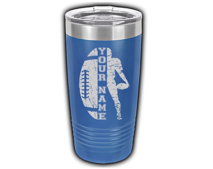 Football Laser Engraved Travel Mugs, Personalized with Players Name, Insulated, Stainless Steel,Football Theme Cup, Football Mug